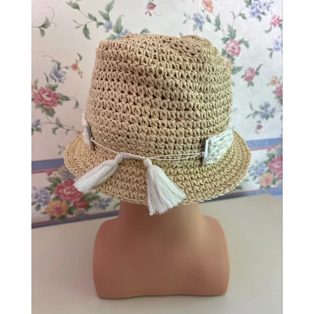 Physician Endorsed Makena Straw Fedora Hat Tan Macrame Band Tassels One Size